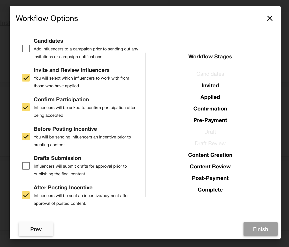 workflow options in the campaign creation wizard