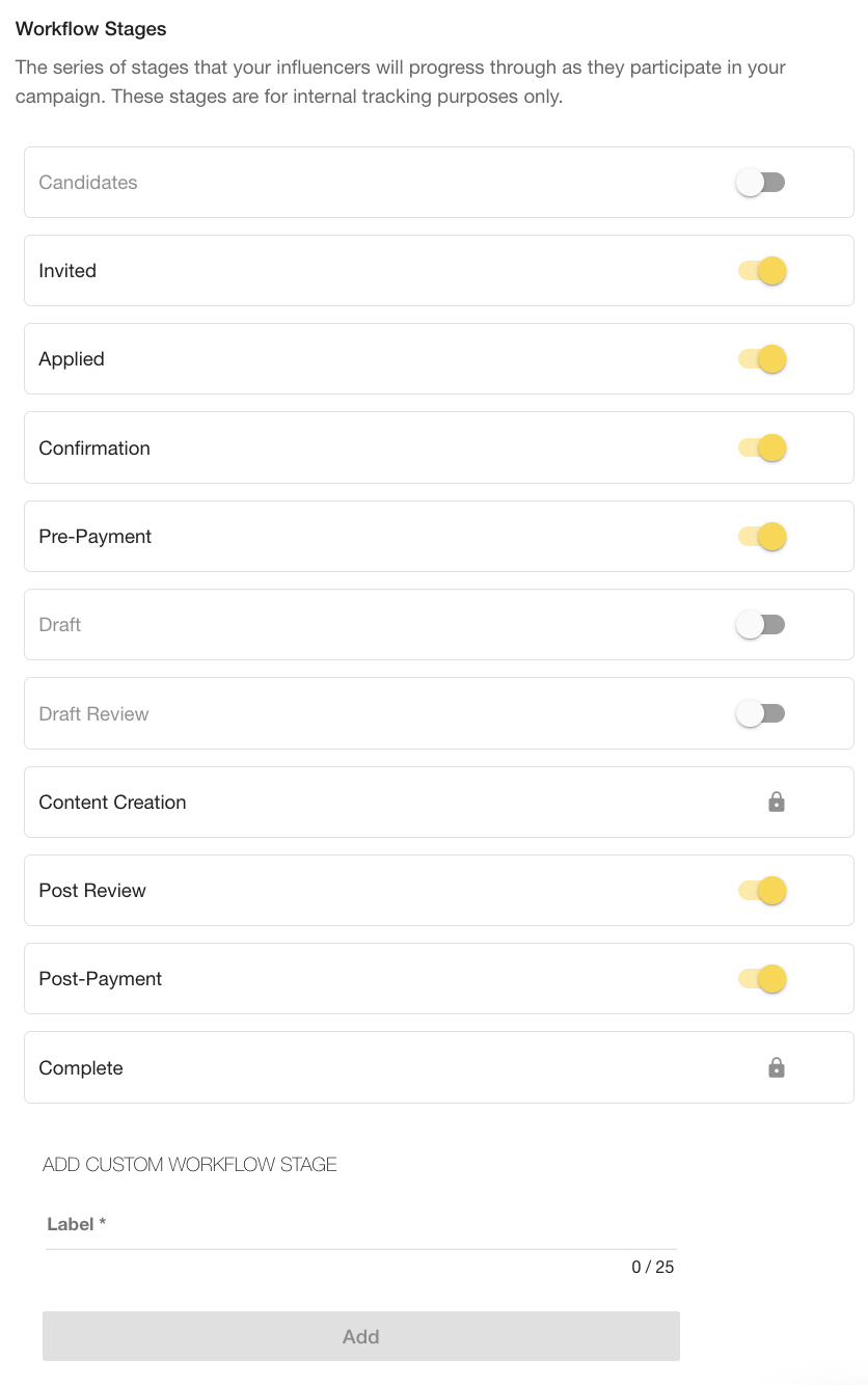 workflow options in campaign setup