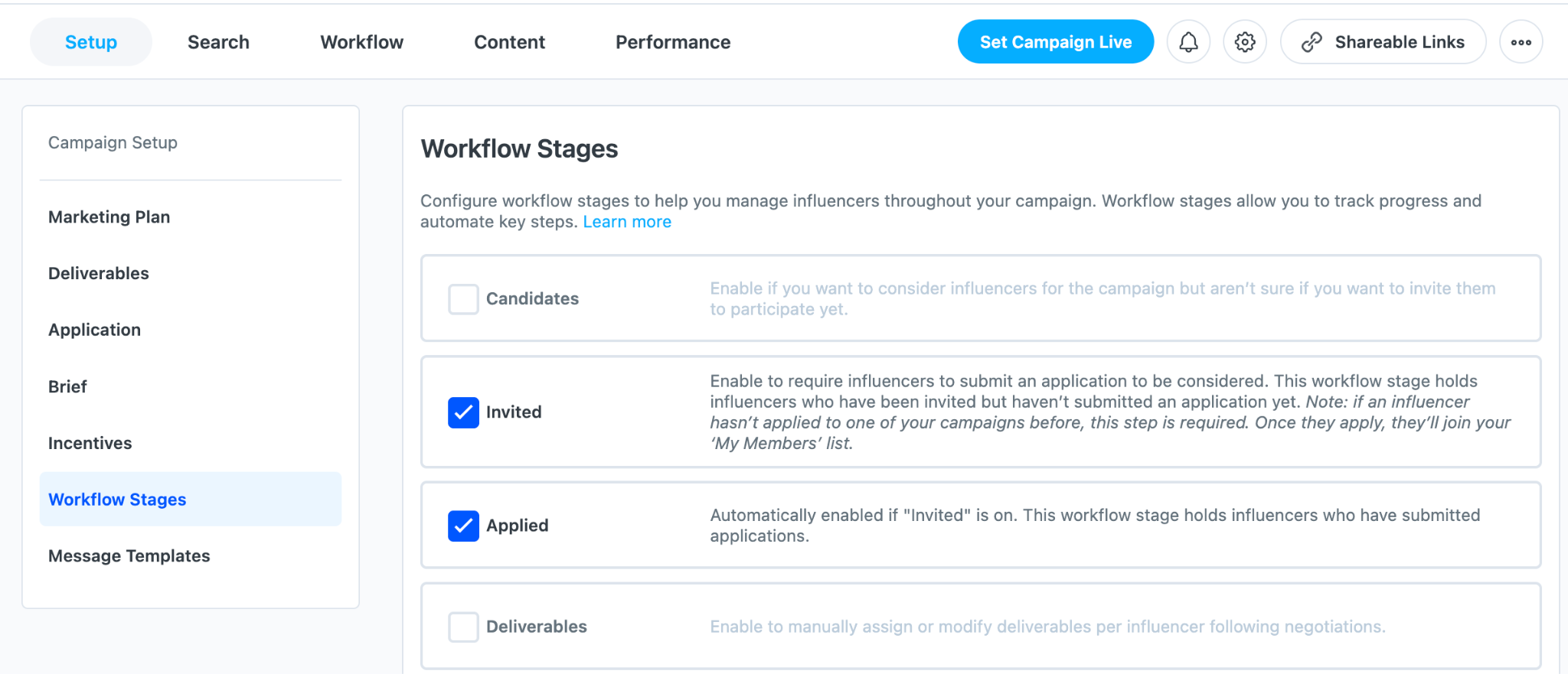 Workflow stages setup screenshot