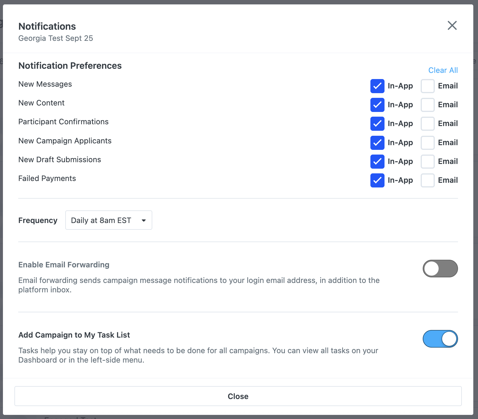 Notification settings popup