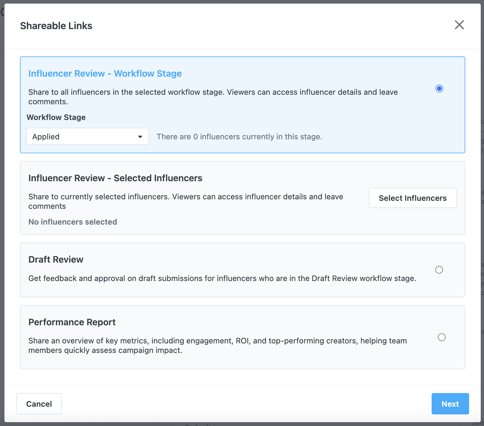 Shareable Links setup screen