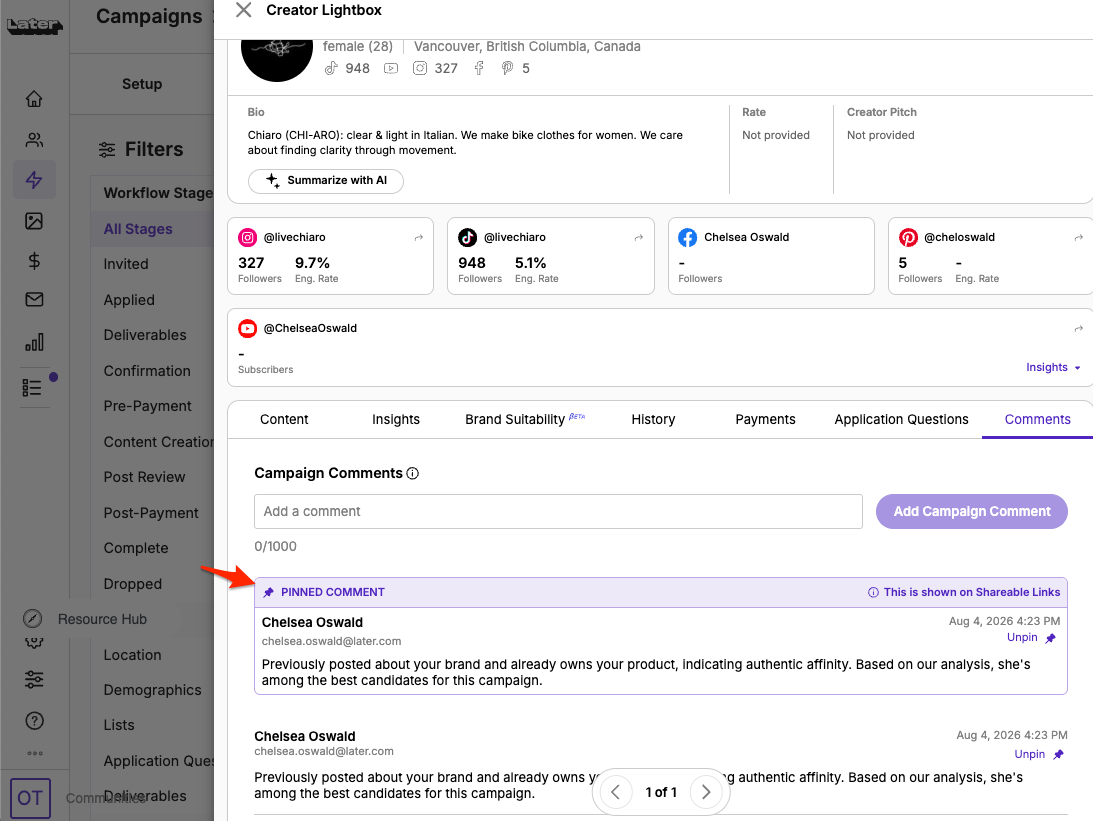 Pinned creator comment in Later Influence